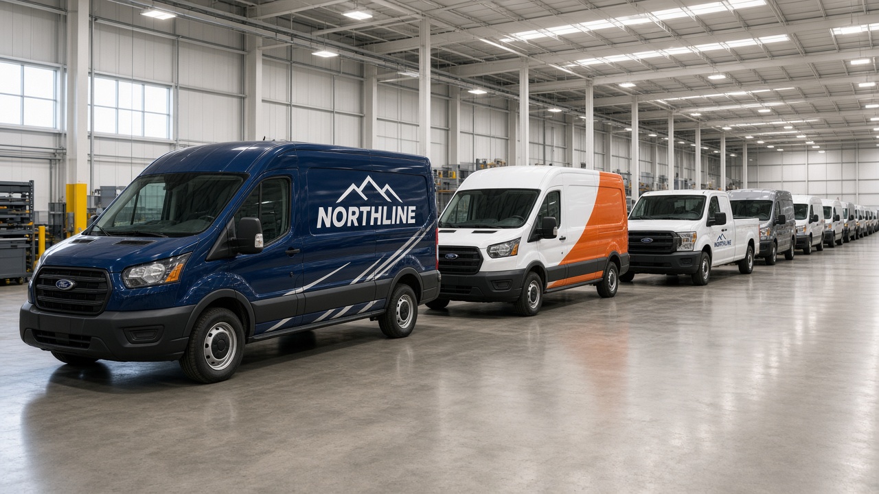 Commercial vans staged in a large install shop