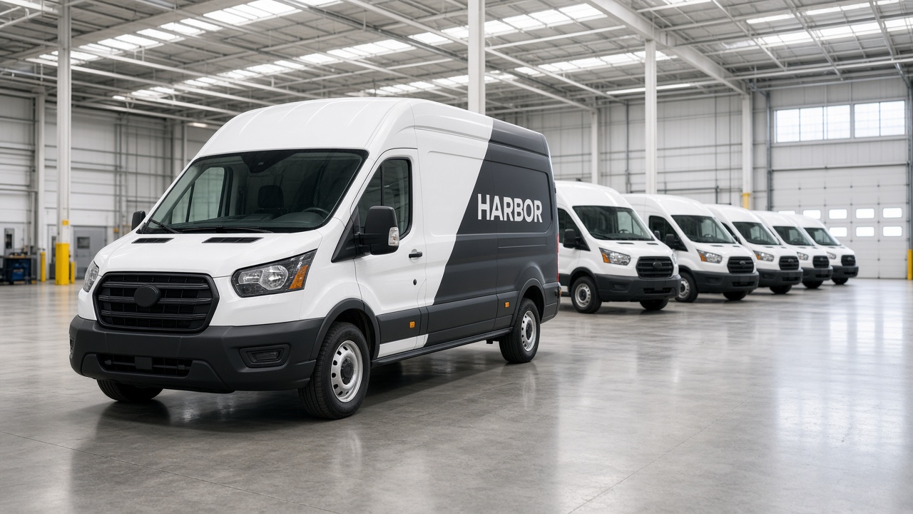 A cargo van in a wrap bay